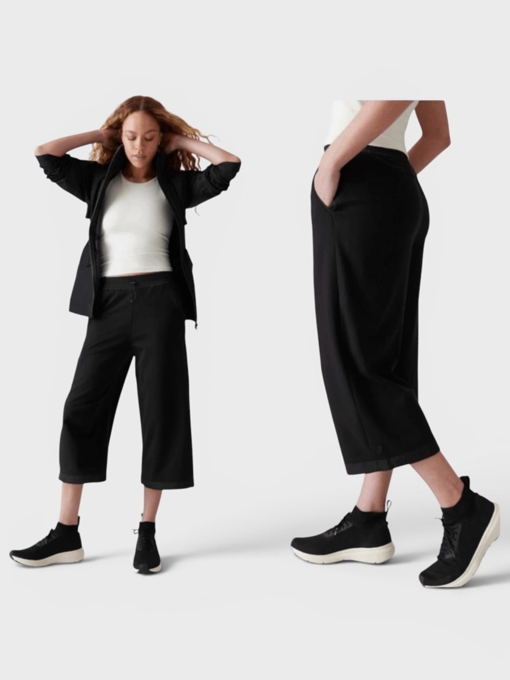 422 NEW! Athleta Triumph Hybrid Wide Leg Black Cropped Capri Pants w/ Pockets